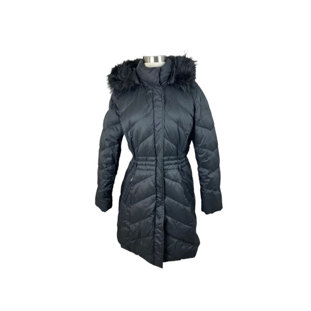 Talbots black sz small petite down puffer coat fur lined hood
